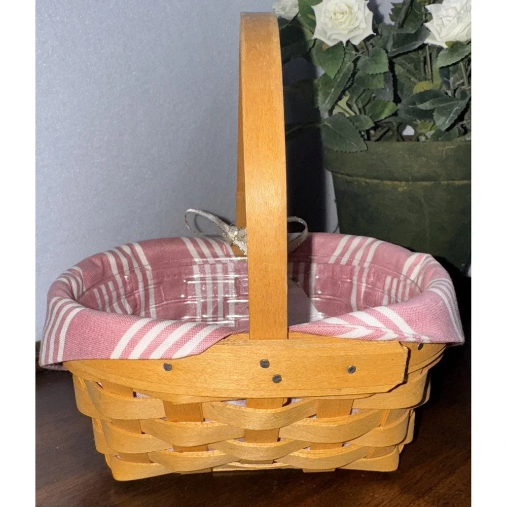 Longaberger HOPE Basket With Pink Stripes Liner, Plastic‎ Liner And Heart Tie On